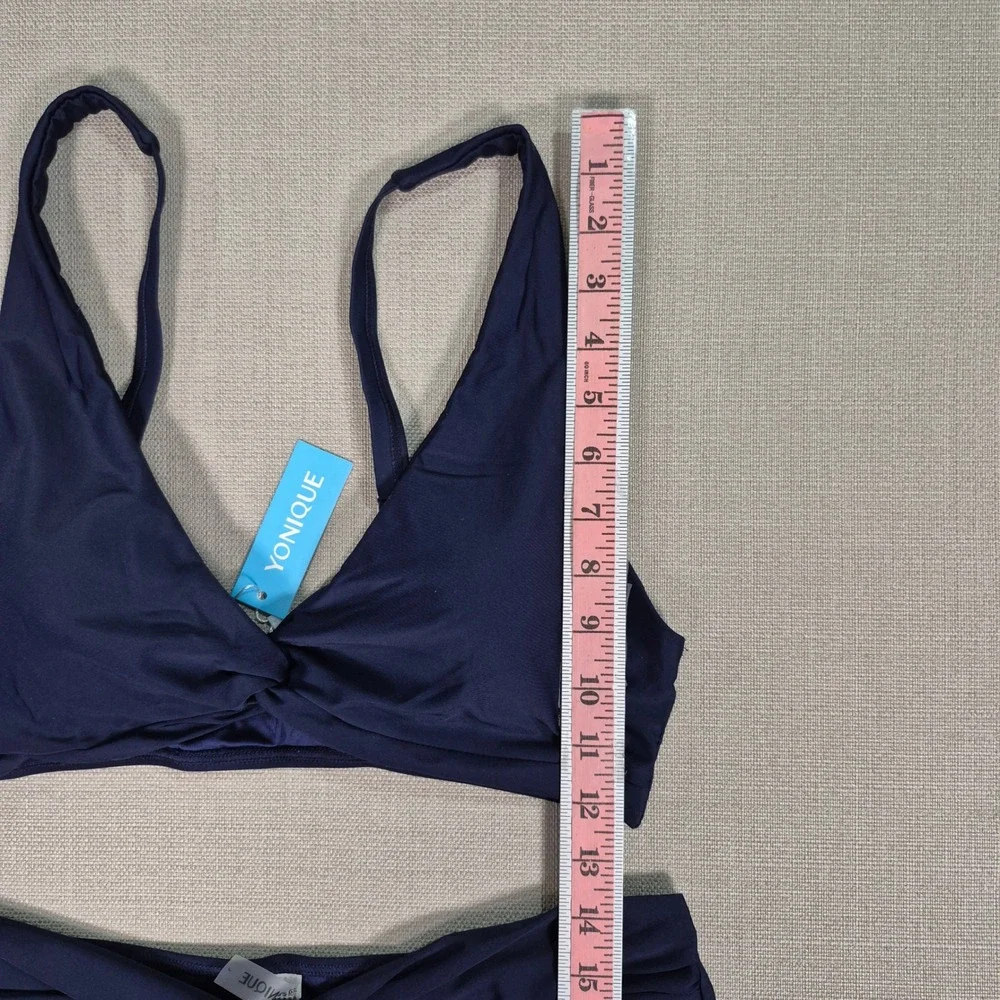 Yonique Women Navy Blue Twist Front High Waisted Bikini Set Two Piece Swimsuit L